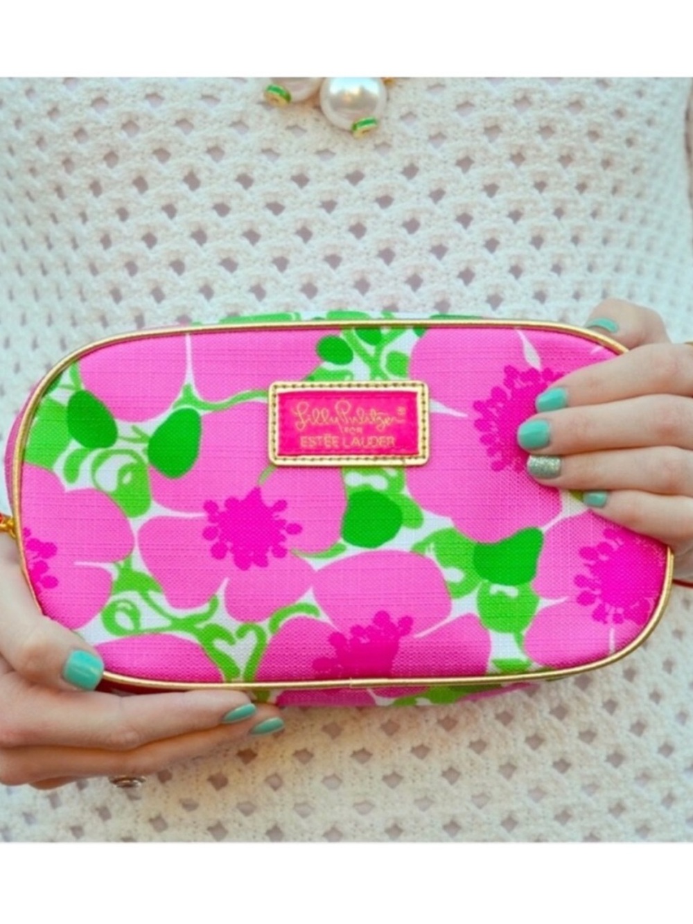 Lilly Pulitzer for Estée Lauder Bright Pink Floral Cosmetic Bag